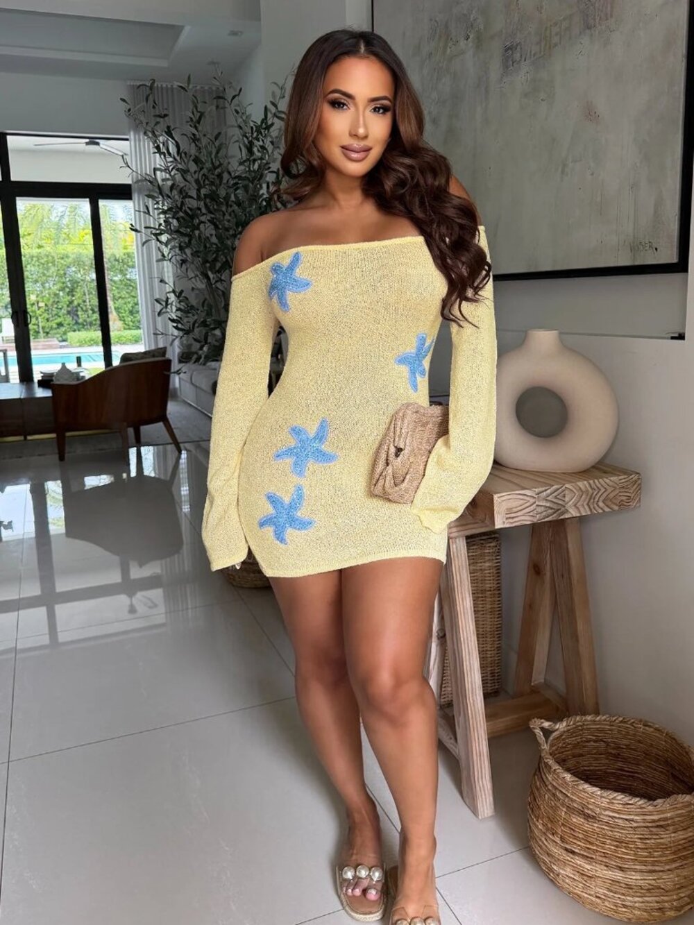 Embroidered Starfish on Seas Mini Off Shoulder Dress/Swimwear Coverup Dress
